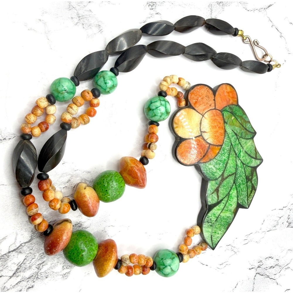 Lee Sands Large Floral Statement Pendant Necklace 22" Orange Green